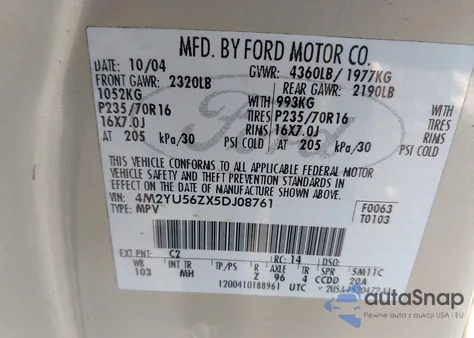 2005 Mercury Mariner Convenience from USA, damaged, VIN 4M2YU56ZX5DJ08761